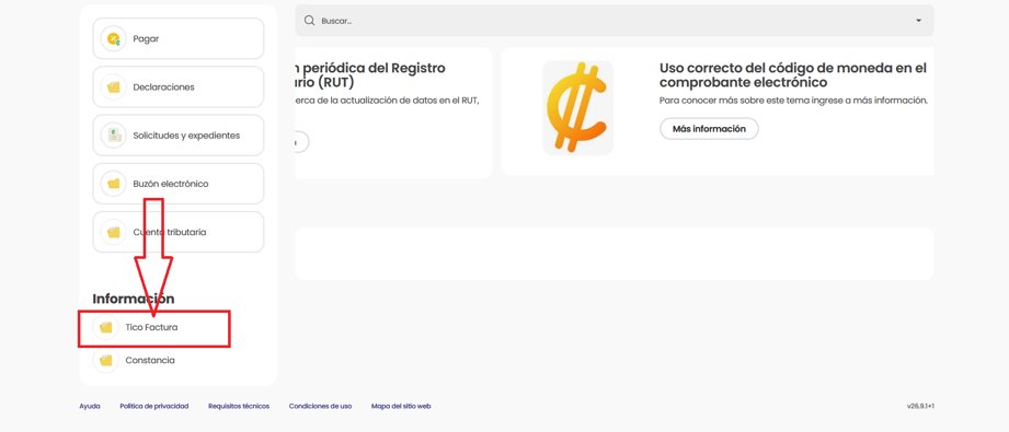 Menú de Hacienda Digital con la opción Tico Factura señalada bajo Información