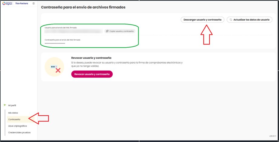 Pantalla Contraseña de Tico Factura con el botón Descargar usuario y contraseña señalado