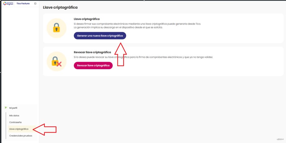 Pantalla Llave criptográfica de Tico Factura con el botón Generar una nueva llave criptográfica señalado