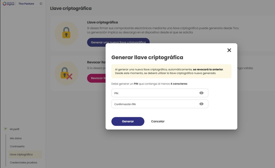Ventana Generar llave criptográfica con los campos PIN y Confirmación PIN